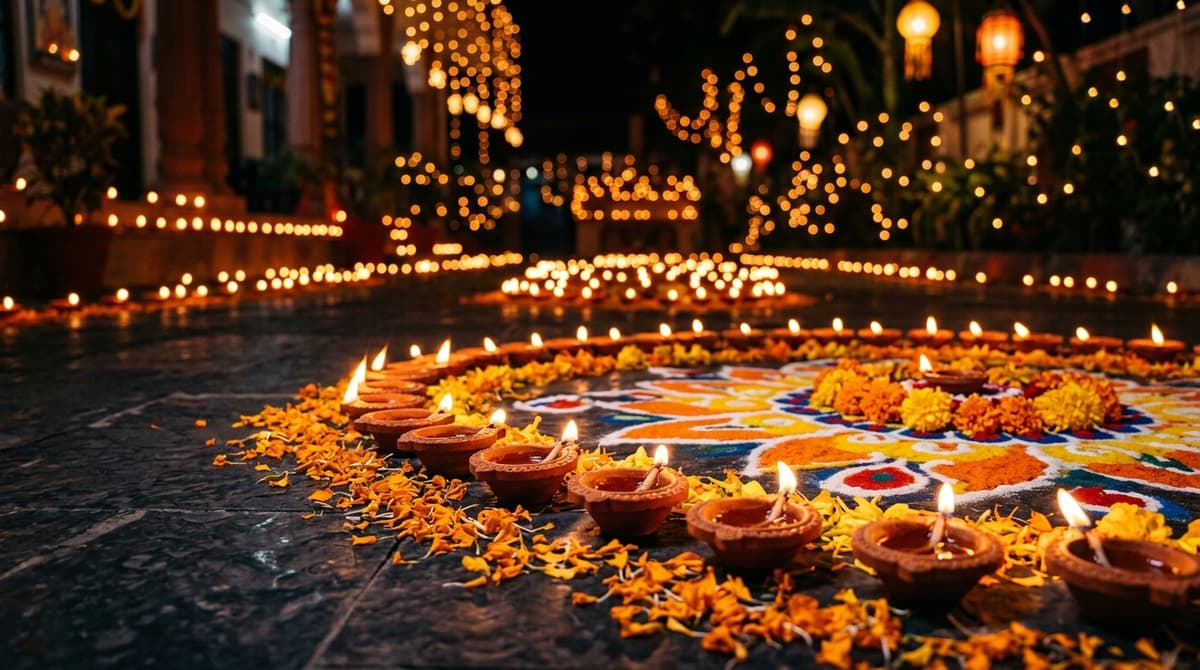Diwali — rows of lit clay diyas with rangoli and marigold flowers