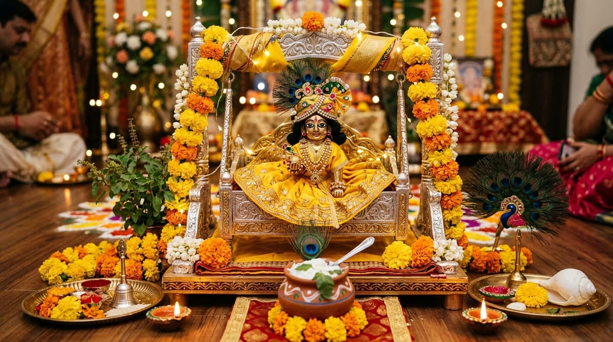 Janmashtami — Laddu Gopal Krishna idol in jhoola decorated with flowers