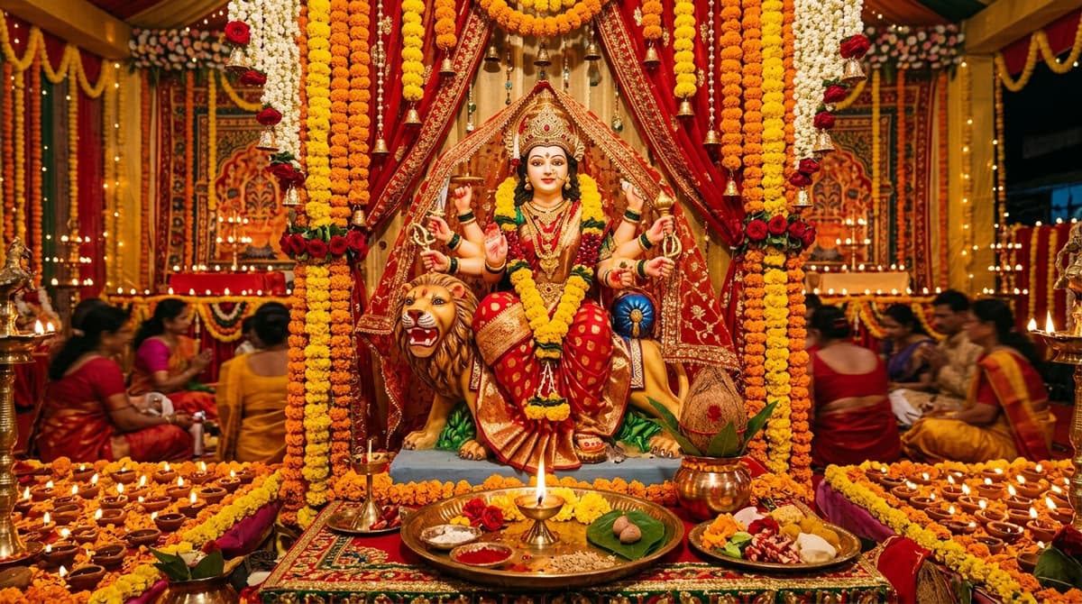 Navratri Durga Puja — Goddess Durga idol decorated with marigold garlands