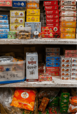 Shelves stacked with various brands of dhoop and agarbatti
