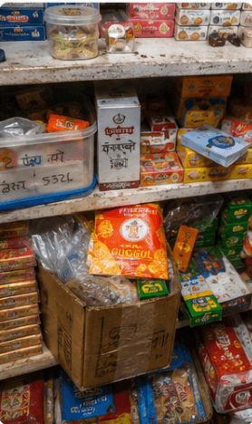 Store shelves filled with authentic puja samagri